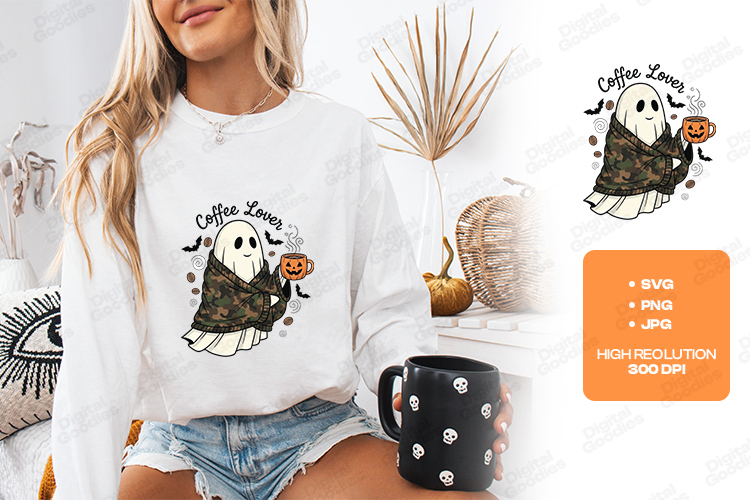Coffee Lover Ghost SVG - Camo Blanket Halloween PNG Cut