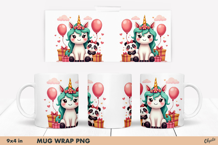Holiday Unicorn PNG. Cute Animal Mug Sublimation Wrap