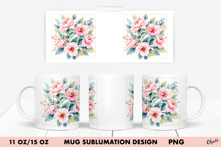 Watercolor Flower Mug Wrap. 11 OZ, 15 OZ Mug