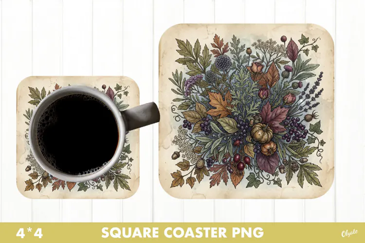 Vintage Botanical Autumn Coaster Sublimation PNG