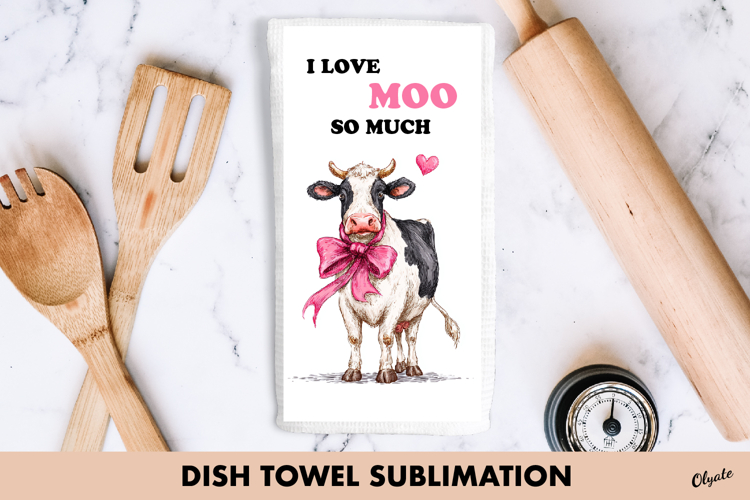 Funny Cow Dish Towel PNG, Valentine Cow Sublimation