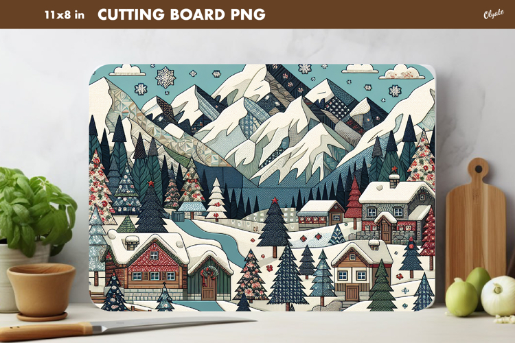 Winter Cutting Board PNG. Rustic Christmas Patchwork PNG