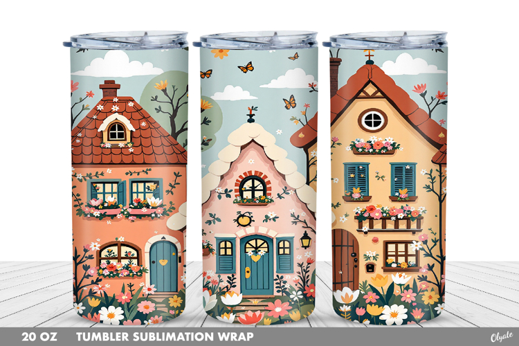 Cute Spring Houses Tumbler Sublimation PNG