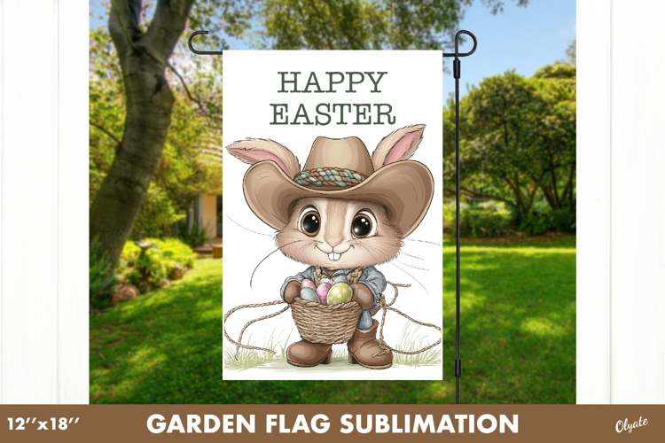 Farm Easter Bunny Garden Flag PNG. Cowboy Bunny Sublimation