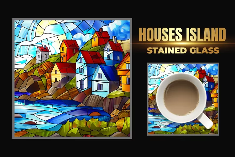 Houses Island Stained Glass Square Coaster