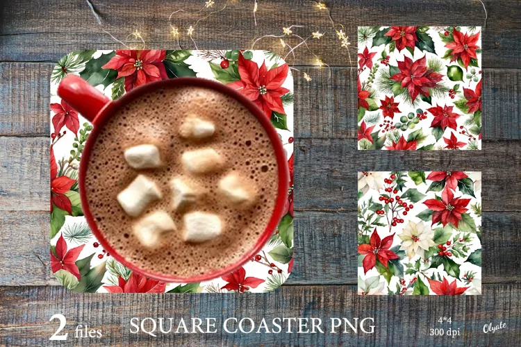 Christmas Coaster PNG. Poinsettia Coaster Sublimation