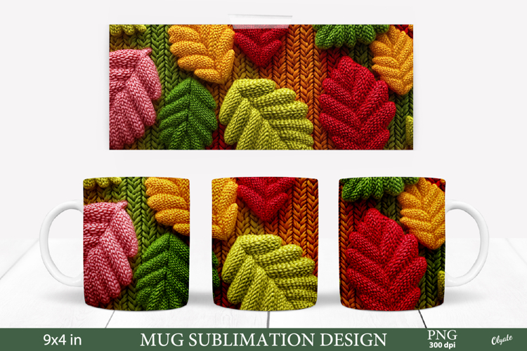 Cozy Fall Mug Sublimation Wrap. Knitting Leaves PNG