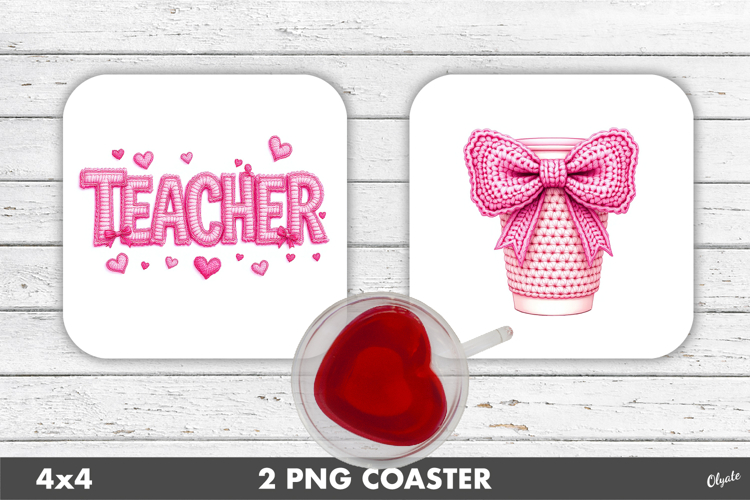 Pink Teacher Crochet, Valentines Day Coaster PNG