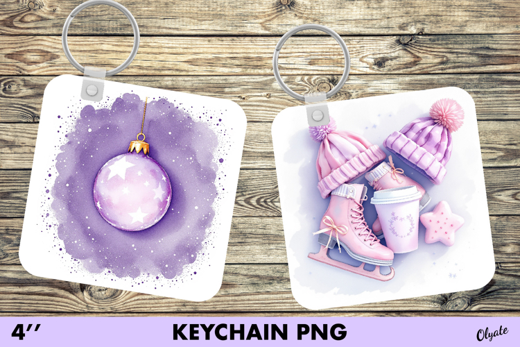 Watercolor Christmas Keychain PNG. Purple Christmas Keychain