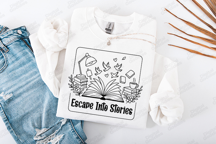 Escape Into Stories Book Lover Minimal Reading Line Art