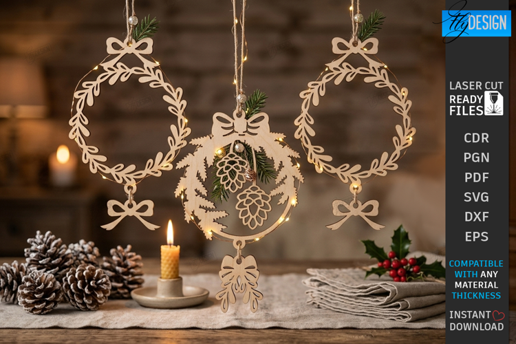 Christmas Ornament Laser Cut | Hanging Christmas Wreath SVG