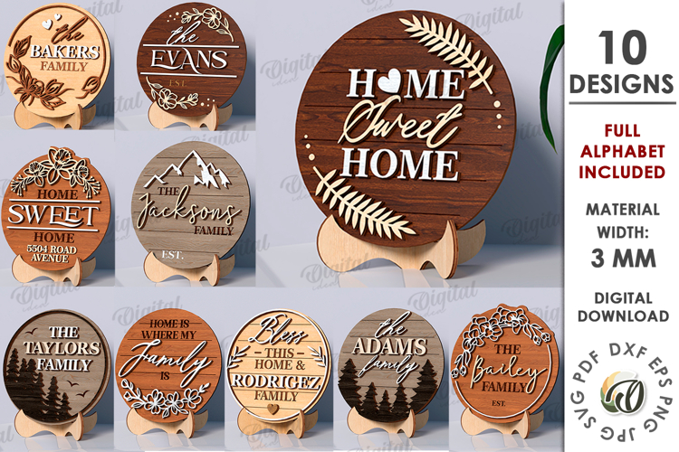 Family Round Signs Bundle Laser Cut. Stand Decor SVG