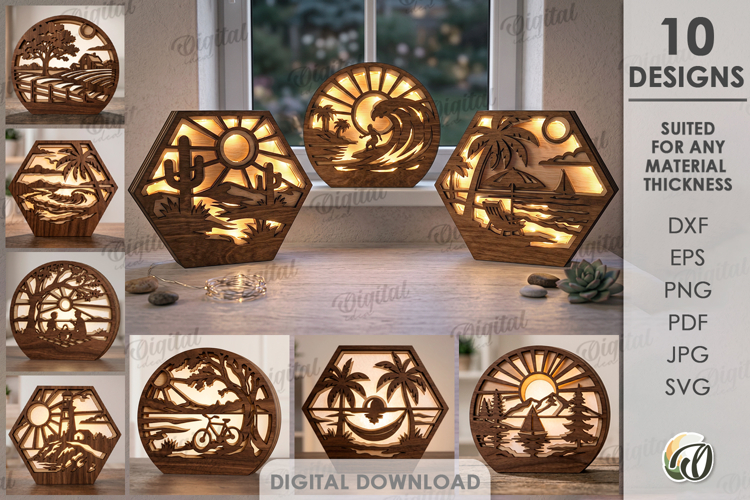 3D Summer Led Decors Bundle Laser Cut. Lightbox SVG