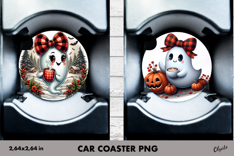 Cute Ghost Car Coaster PNG. Halloween Car Coaster PNG