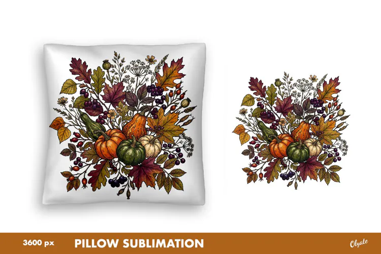 Cozy Autumn Leaves Pumpkin Sublimation. Fall Pillow Design
