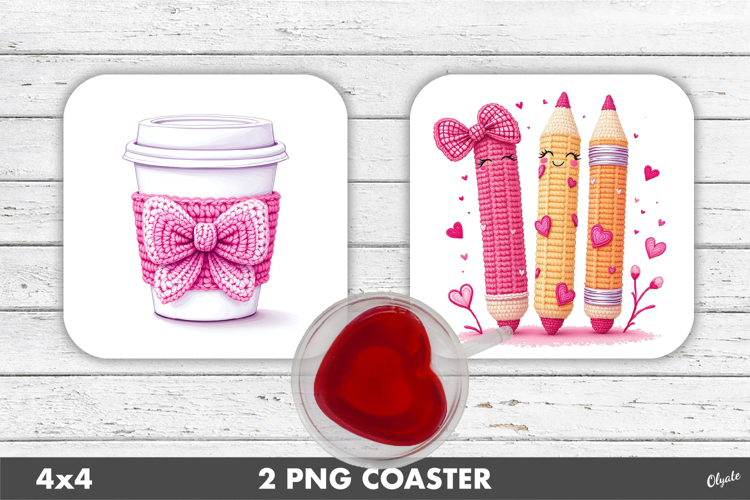 Pink Teacher Crochet, Valentines Day Coaster PNG