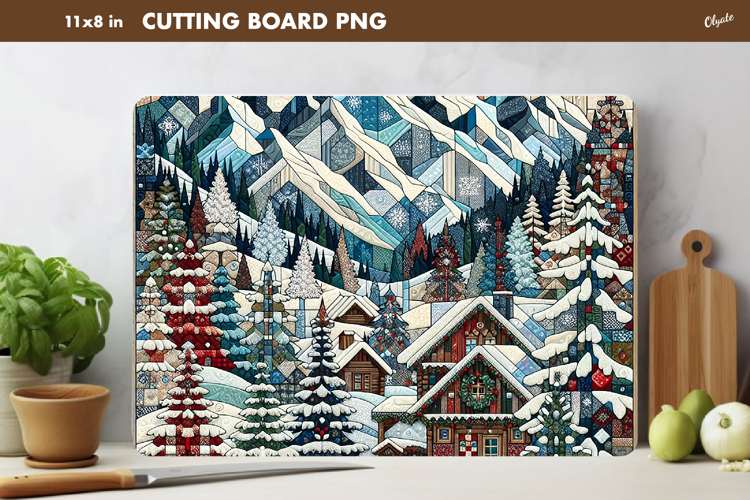 Winter Cutting Board PNG. Rustic Christmas Patchwork PNG