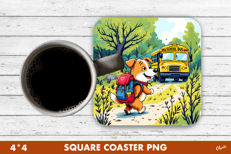 Back to School Coaster PNG. A Cheerful Dog Goes to School