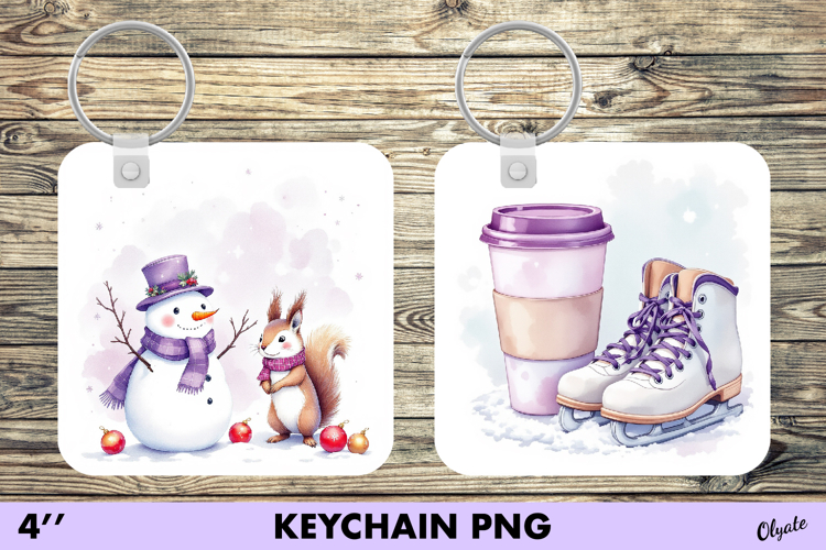 Watercolor Christmas Keychain PNG. Purple Christmas Keychain