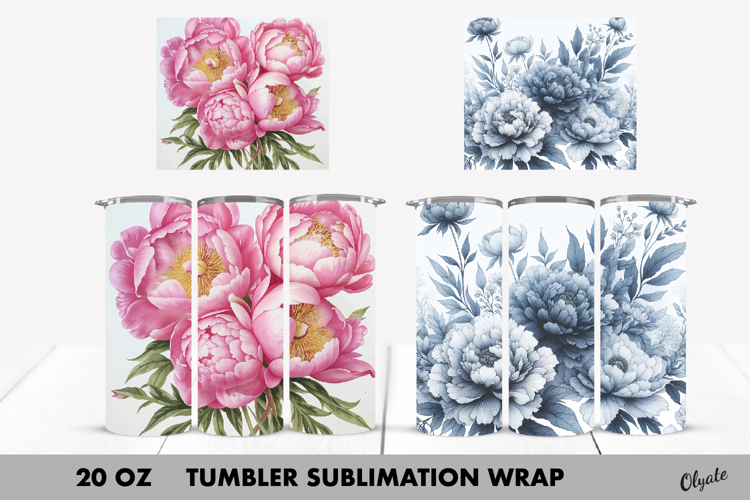 Peony Tumbler Wrap. Blue Peony, Pink Peony Tumbler PNG
