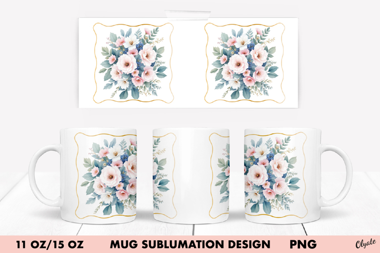 Watercolor Flower Mug Wrap PNG. 11 OZ, 15 OZ Mug