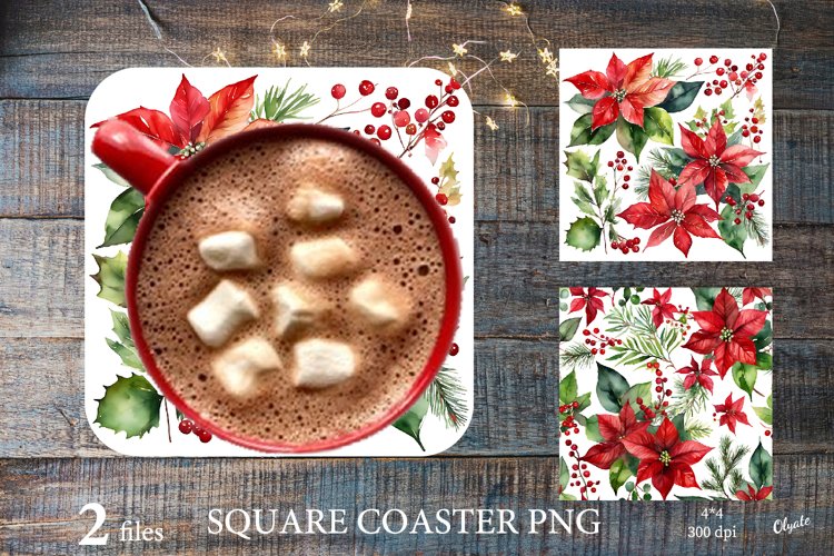 Christmas Coaster PNG. Poinsettia Sublimation Coaster