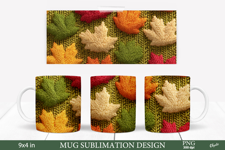 Cozy Fall Mug Sublimation Wrap. Knitting Leaves PNG