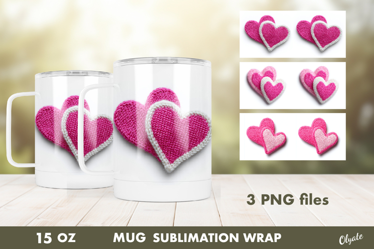 Knitting Pink Heart Mug Sublimation Wrap PNG