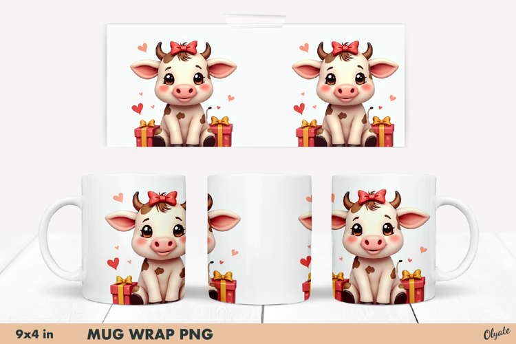 Celebration Cute Cow PNG. Cute Animal Mug Sublimation Wrap