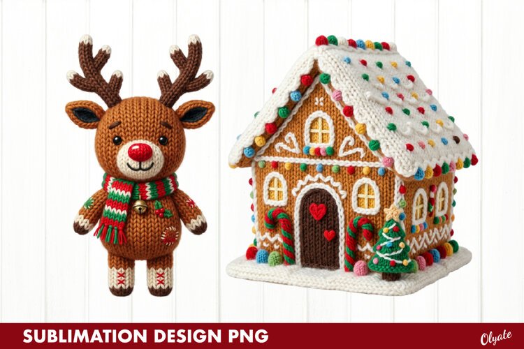 Crochet Gingerbread House, Reindeer, Sublimation PNG example image 1