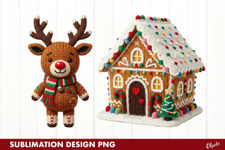 Crochet Gingerbread House, Reindeer, Sublimation PNG