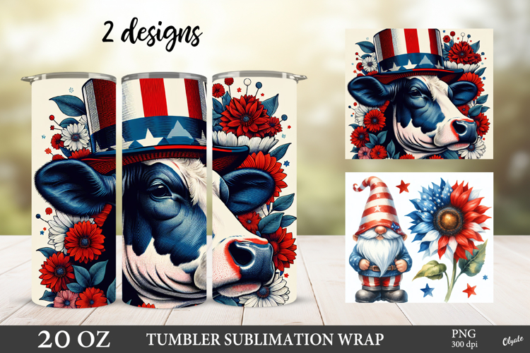 4th Of July Tumbler Wrap. Gnome, Cow Tumbler 20 OZ