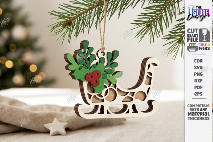 3D Layered Christmas Ornament Laser Cut | Christmas Sleigh example image 1