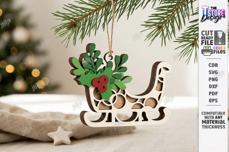 3D Layered Christmas Ornament Laser Cut | Christmas Sleigh