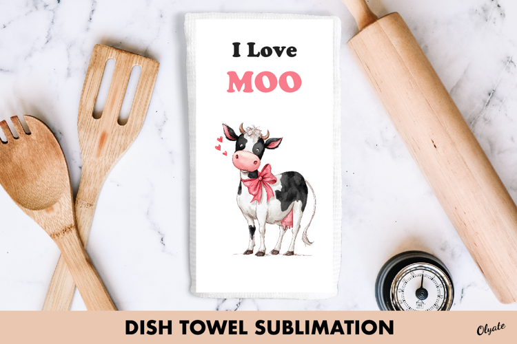 Funny Cow Dish Towel PNG, Valentine Cow Sublimation