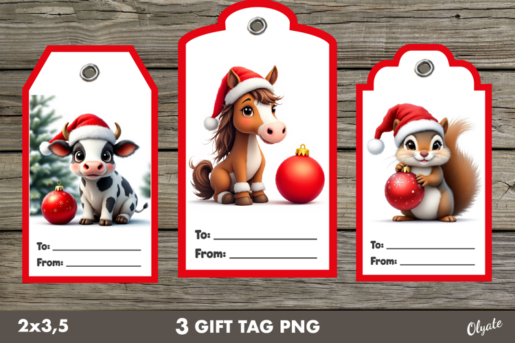 Christmas Gift Tag PNG. Cute Animal Christmas Labels PNG