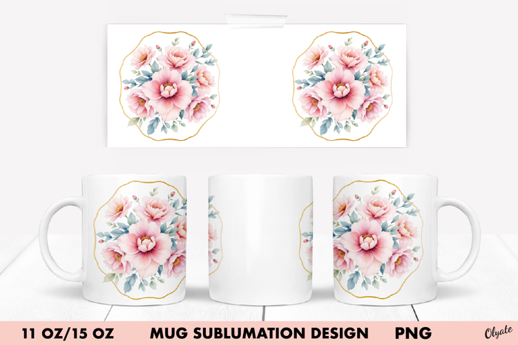 Watercolor Flower Mug Wrap PNG. 11 OZ, 15 OZ Mug