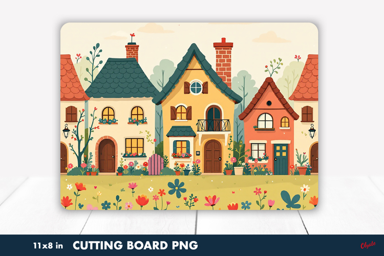Spring House Cutting Board PNG, Spring Scandinavian Cabins
