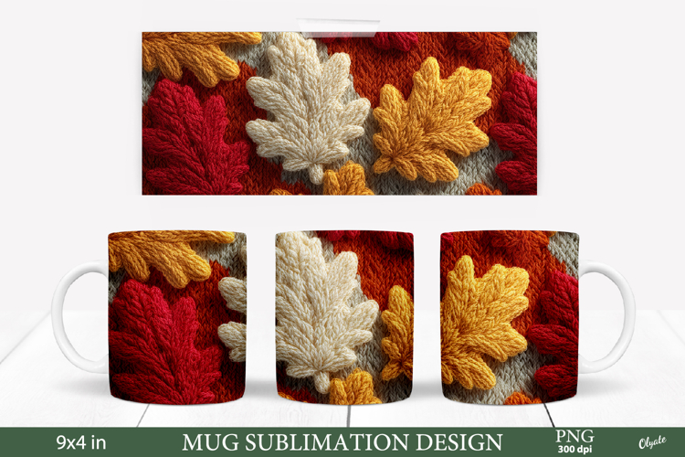 Cozy Fall Mug Sublimation Wrap. Knitting Leaves PNG