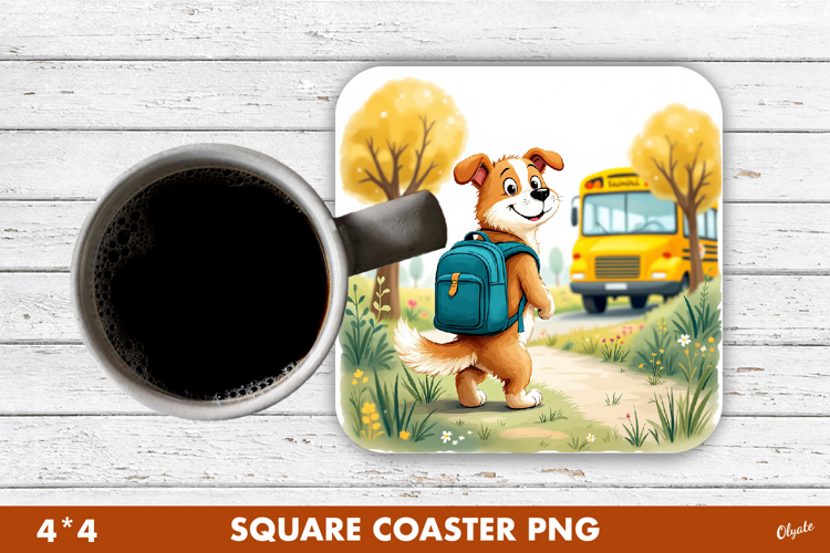 Back to School Coaster PNG. A Cheerful Dog Goes to School