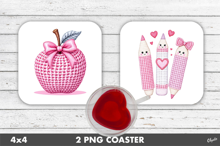 Pink Teacher Crochet, Valentines Day Coaster PNG