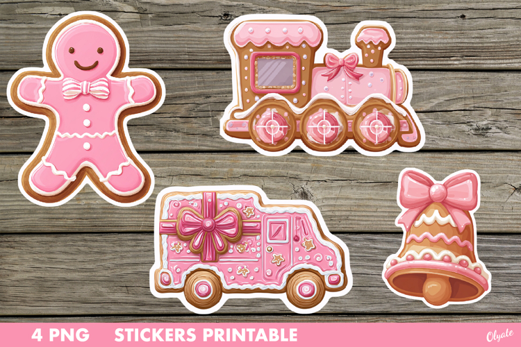 Pink Christmas Stickers PNG. Gingerbread Stickers Printable
