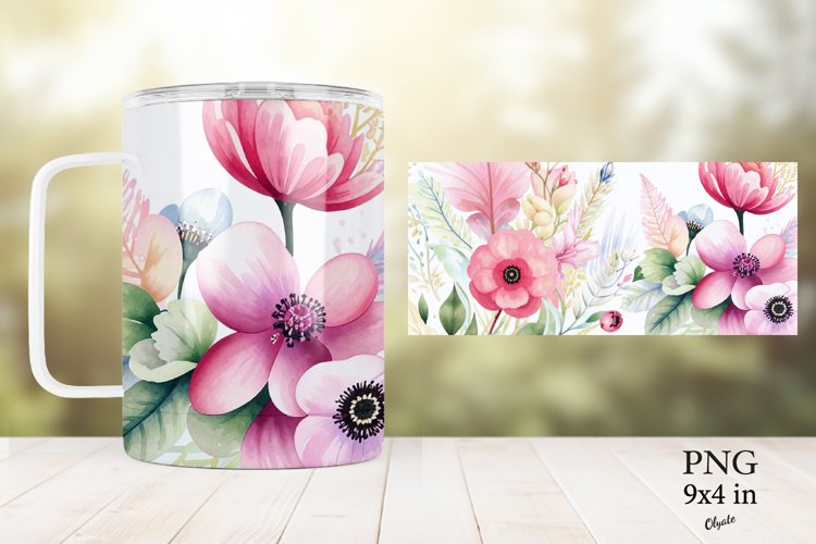 Watercolor Flower Mug PNG. Pink Pastel Flower Mug PNG