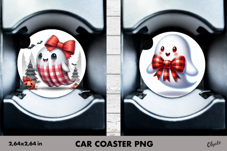 Cute Ghost Car Coaster PNG. Halloween Car Coaster PNG