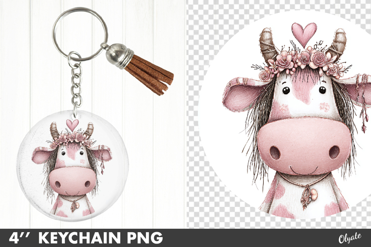 Valentine Keychain PNG, Whimsical Cow Sublimation PNG