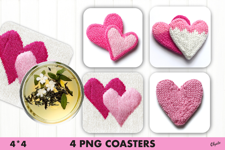  Knitting Pink Heart, Valentine Coaster Sublimation PNG