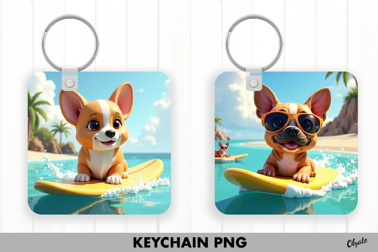 Summer Animal Keychain. Surf Board Keychain PNG