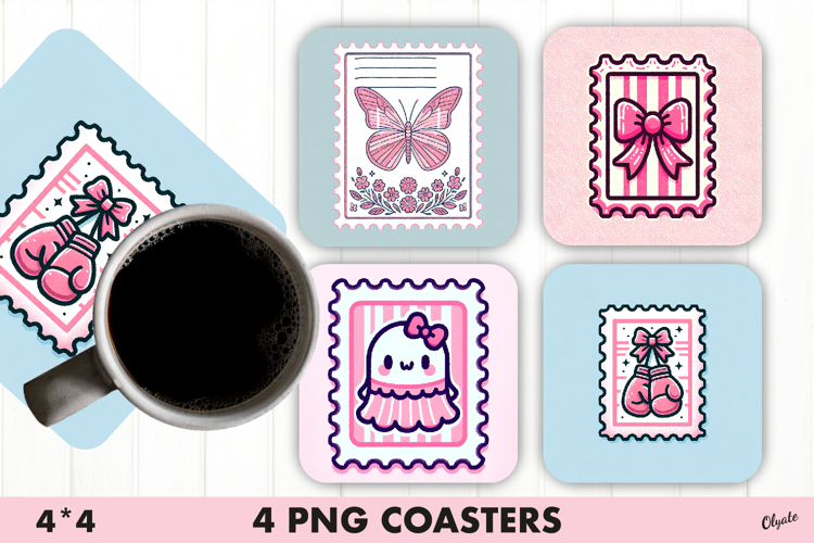 Pink Postage Stamp Coaster Sublimation PNG