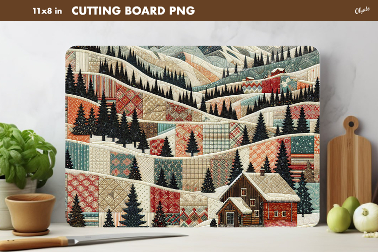 Winter Cutting Board PNG. Rustic Christmas Patchwork PNG