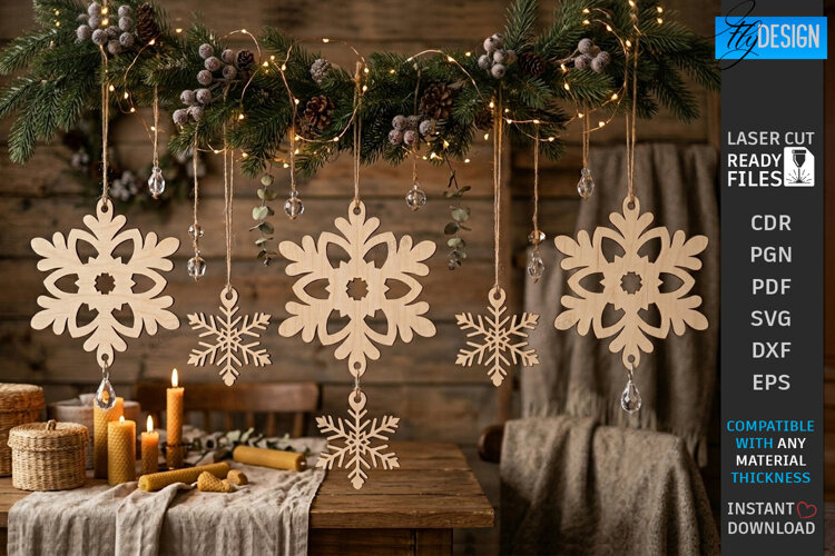 Wooden Christmas Ornament Laser Cut | Hanging Snowflake SVG example image 1